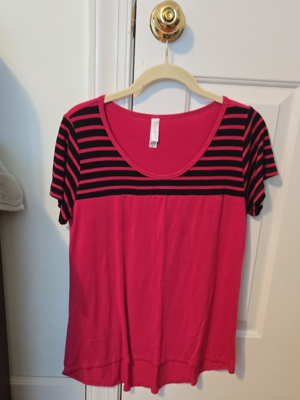 LuLaRoe Hot Pink and Black Striped Scoop Neck Tee
